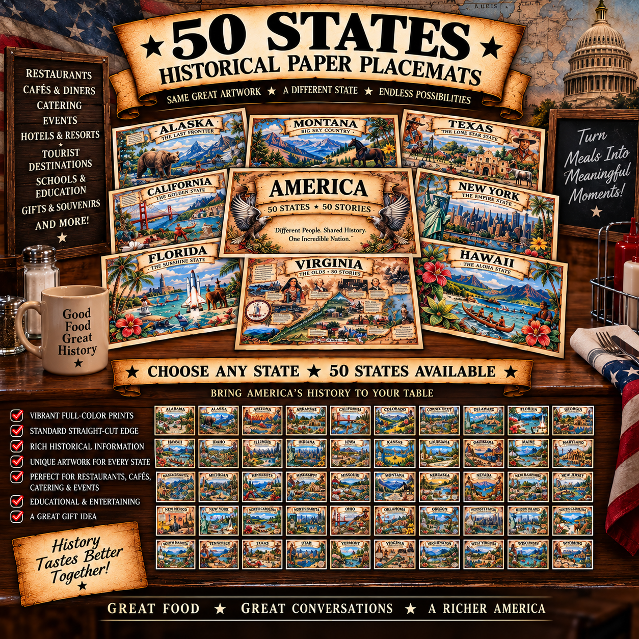 Historical State Placemats Set of 4 | Your State or Assorted | American History - Image 12