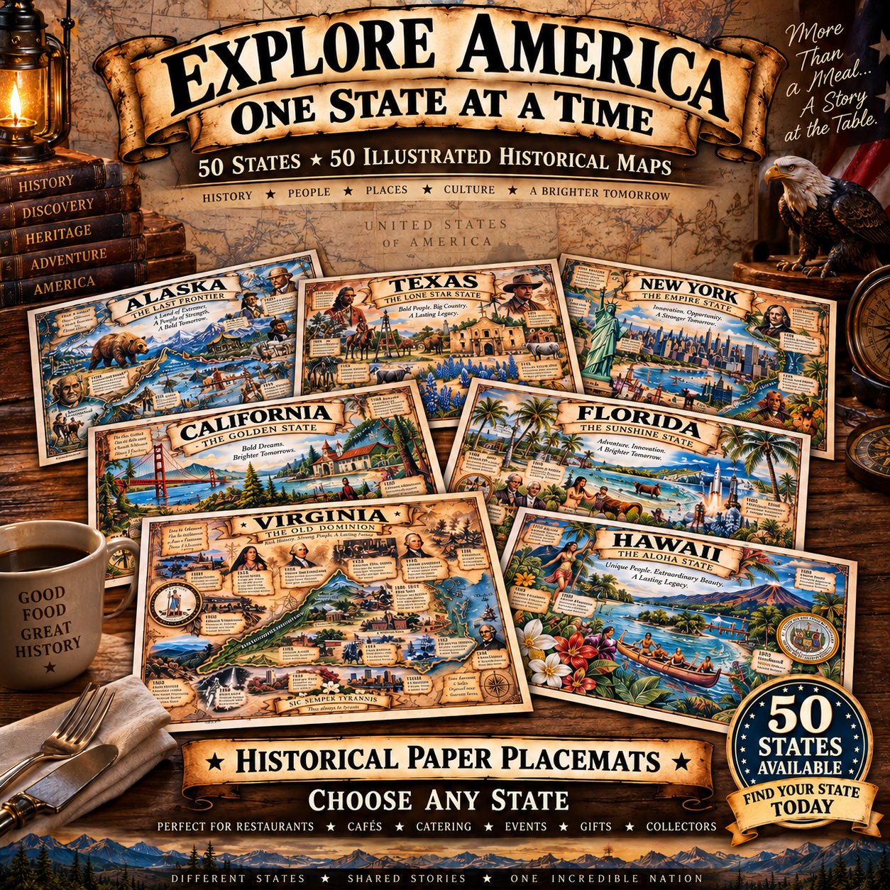 Historical State Placemats Set of 4 | Your State or Assorted | American History - Image 6