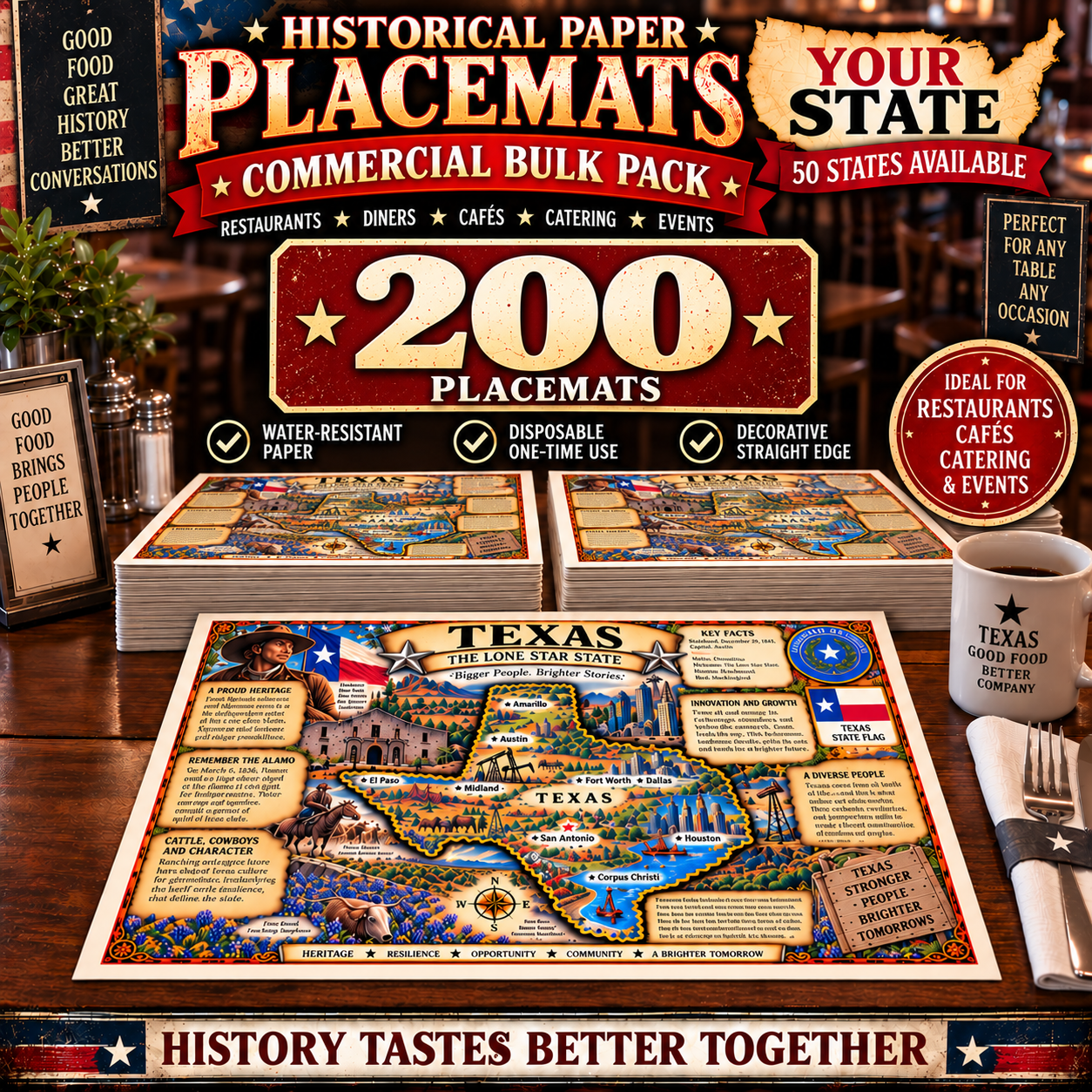 Bulk Historical State Placemats – Restaurant Paper Placemats – 100, 200 or 500 Pack - Image 3