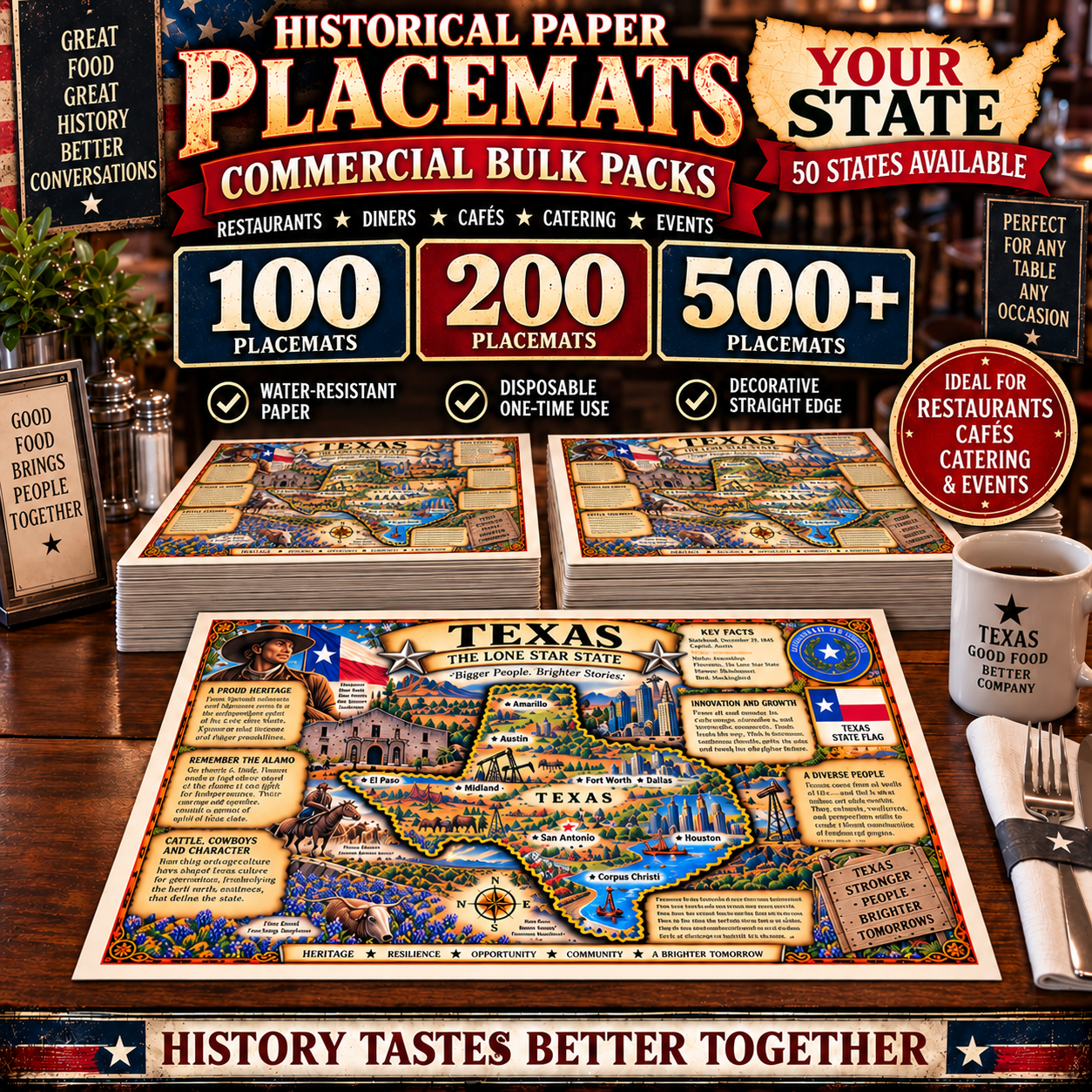 Bulk Historical State Placemats – Restaurant Paper Placemats – 100, 200 or 500 Pack