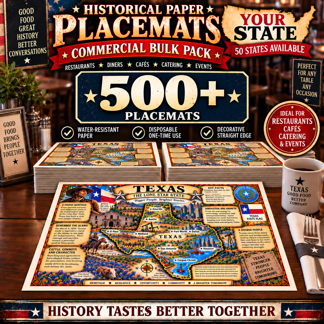 Bulk Historical State Placemats – Restaurant Paper Placemats – 100, 200 or 500 Pack - Image 4